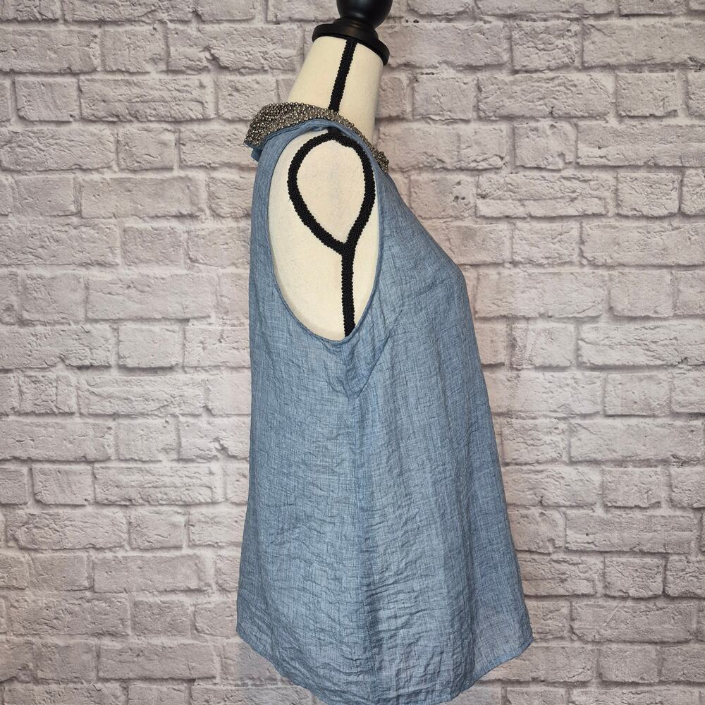 Anthropologie Maeve Chambray Blouse Sleeveless Beaded Peter Pan Collar Top Sz L - Picture 8 of 10
